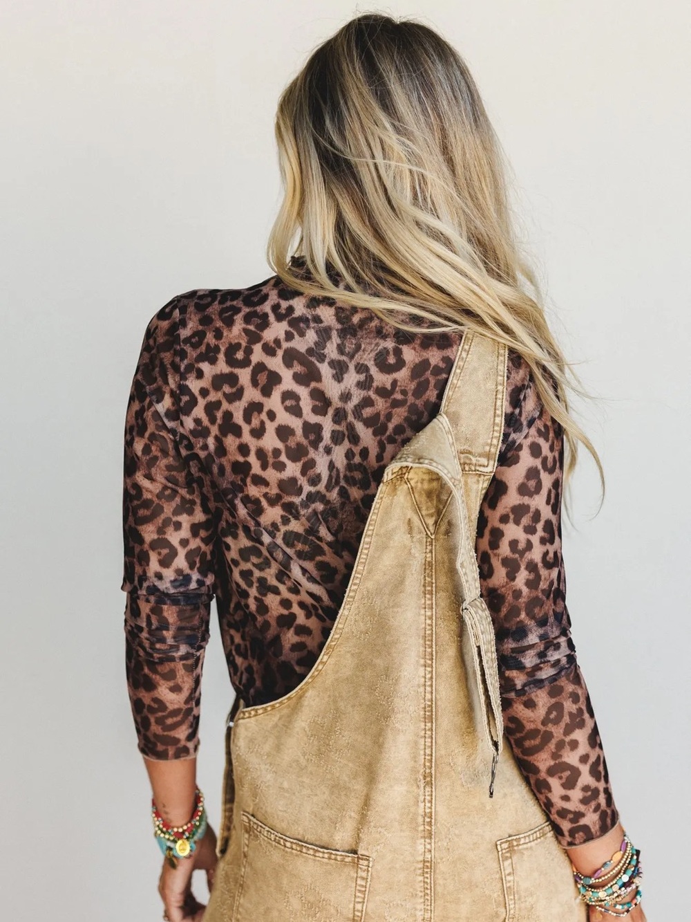 Easel Embroidered Floral Denim Overalls & Mesh Leopard Top two piece set - Picture 11 of 13